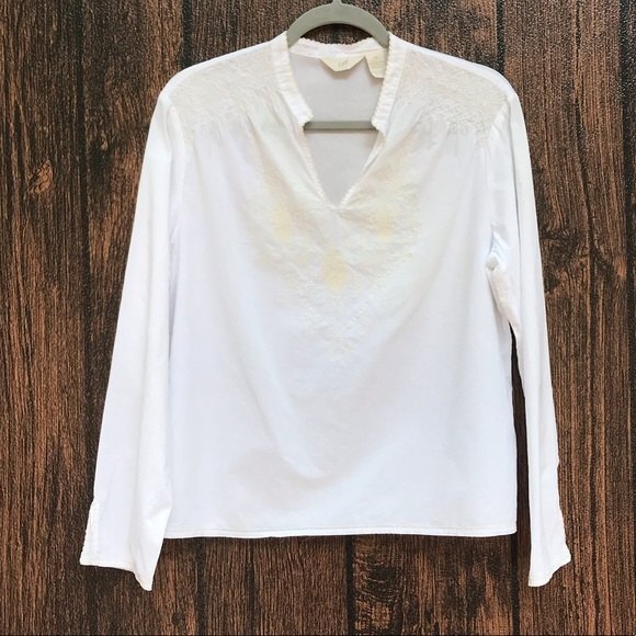 J Jill Embroidered White Cotton Long Sleeve V Neck Blouse Women Size Medium Boho - Picture 11 of 12